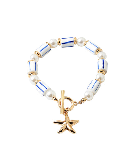 Striped White Blue Bead Pearl Starfish Charm Toggle Bracelet