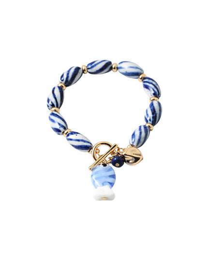 Blue White Bead Fish Charm Toggle Bracelet