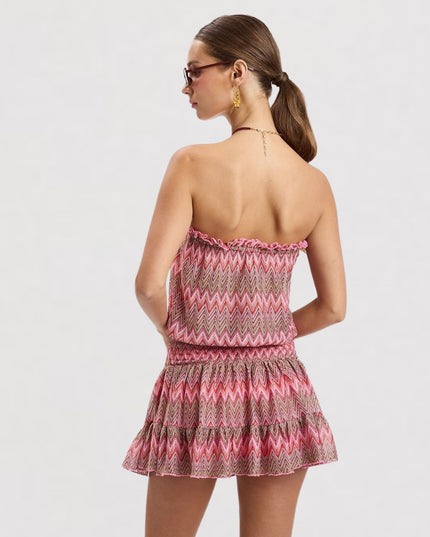 Vintage Chevron Smocked Waist Strapless Mini Dress