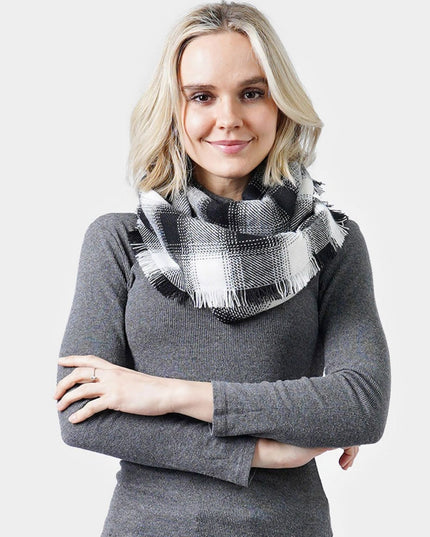 Short Fringe Plaid Infinity Scarf