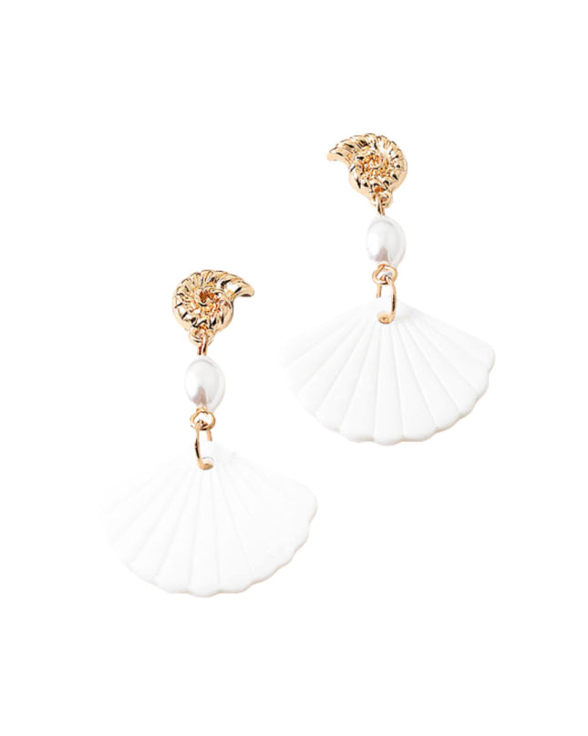 Metal Swirl Shell White Sea Shell Pearl Droplet Earrings