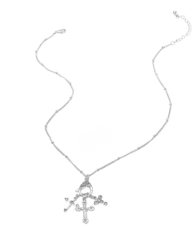 Stone Paved Interchangeable Triple Cross Charm Pendant Necklace