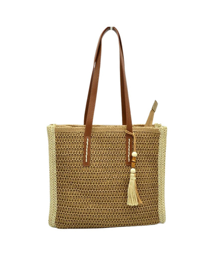 Beaded Tassel Straw Tote Bag