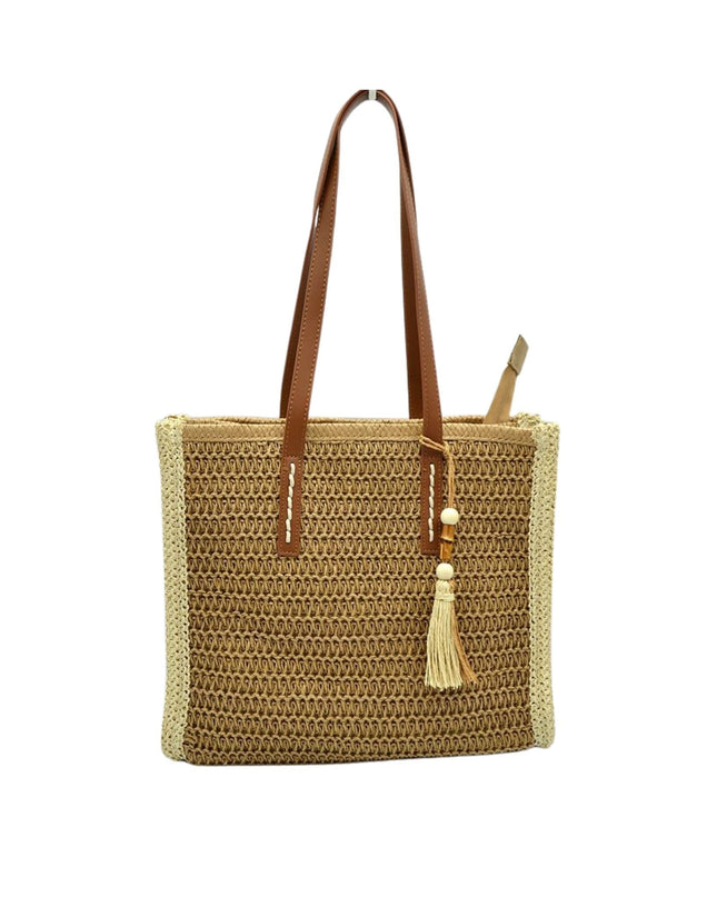 Beaded Tassel Straw Tote Bag