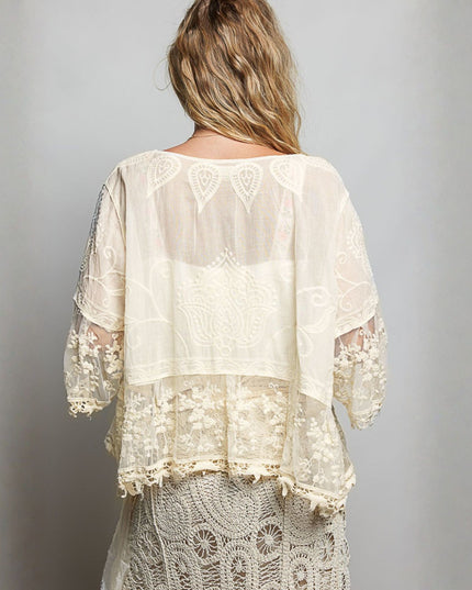 Airy Lace Contrast Half Sleeve V Neck Tie Front Cardigan Top