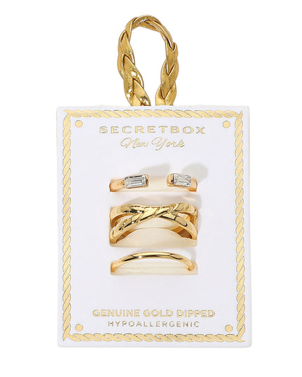 Baguette CZ Tip Criss Cross Thin Plain Band 3 Ring Set