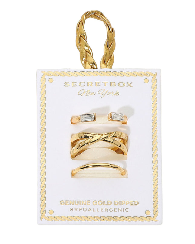 Baguette CZ Tip Criss Cross Thin Plain Band 3 Ring Set