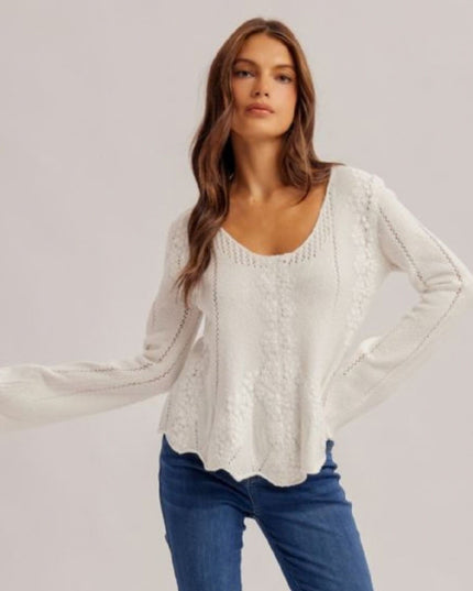 Lace Trim Scallop Hem Scoop Neck Sweater
