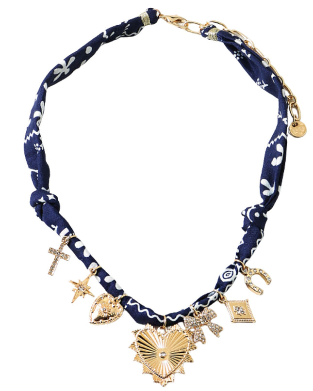 Navy Blue Scarf Heart Bow Horseshoe Charm Necklace