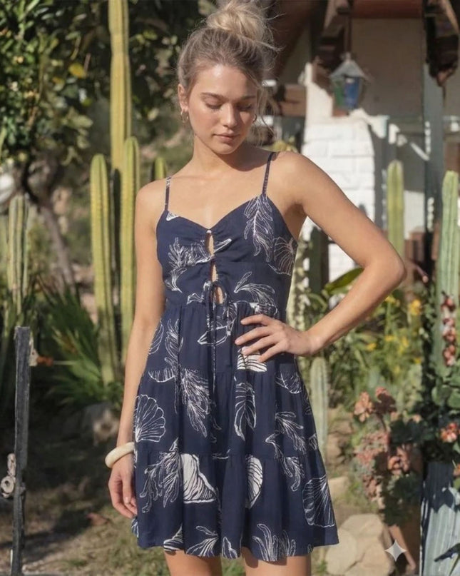 Seashell Printed Spaghetti Strap Smocked Back Mini Dress