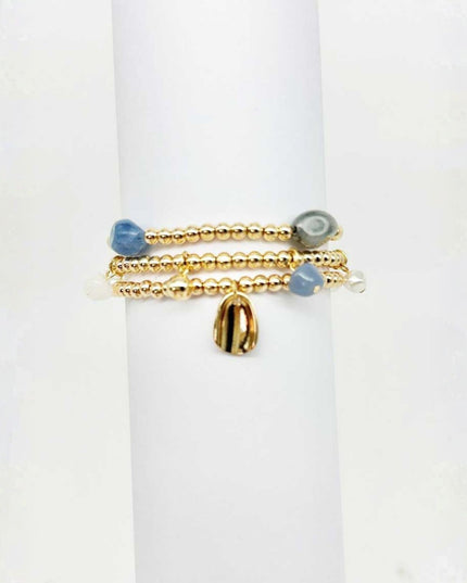 Natural Stone Charm Gold Ball Bead 3 Bracelet Set