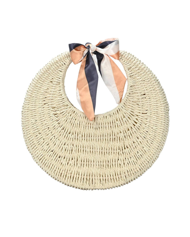 Straw Round Ribbon Handle Tote Bag