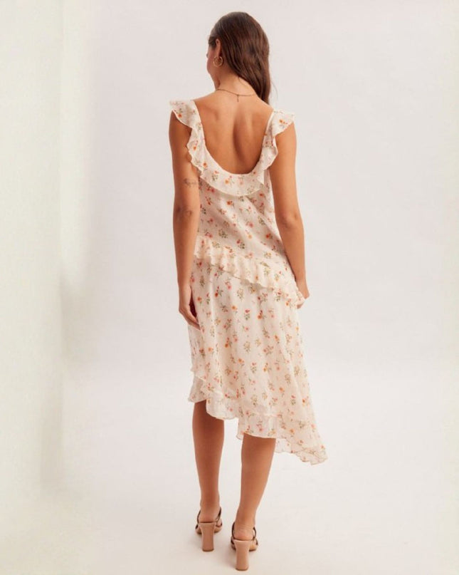 Floral Print Clip Dot Chiffon Asymmetrical Midi Dress