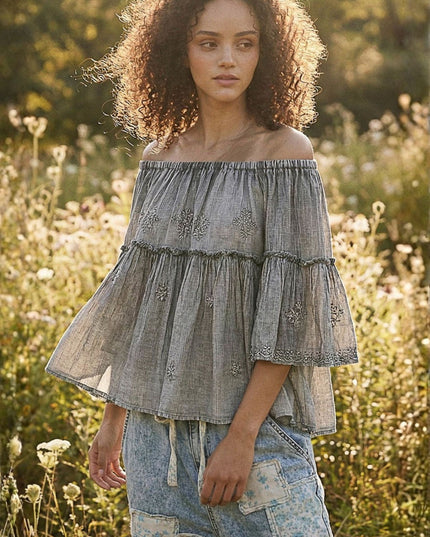 Off Shoulder Floral Embroidery Half Sleeve Top