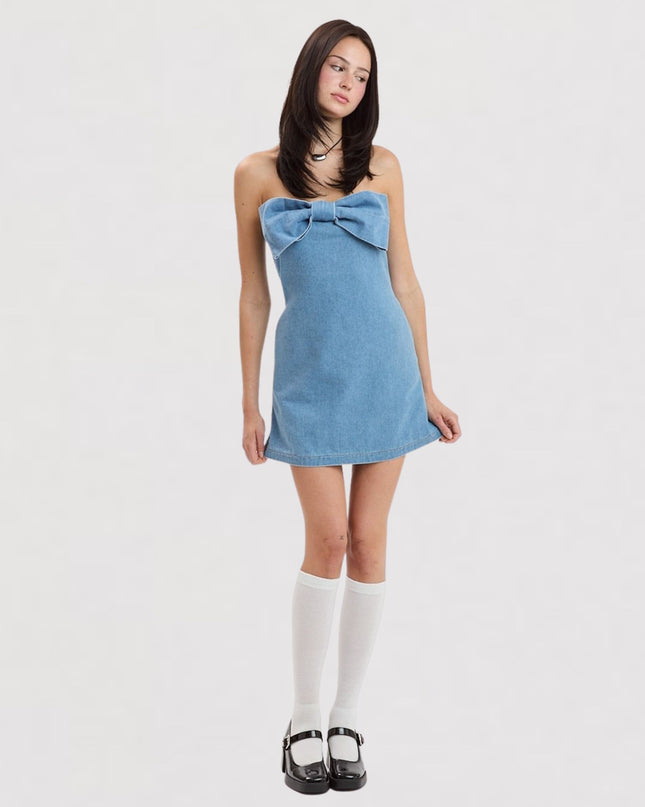 Bow Detail Denim Sleeveless Tube Mini Dress