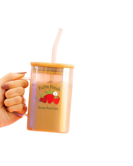Farm Fresh Strawberries Square Glass Cup With Lid 20 oz