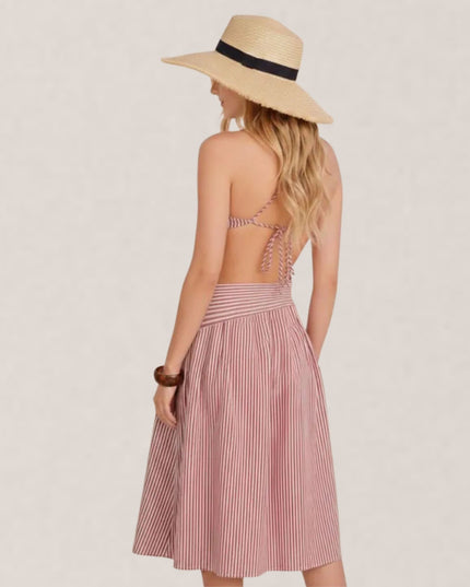 Striped Asymmetrical Cut Tie Back Midi Dress