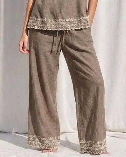 Embroidered Hem Elastic Waist Pants