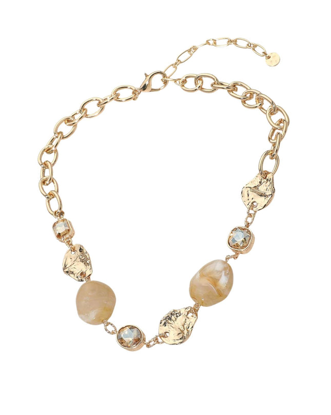 Marbled Resin Pebble Hammered Gold Metal Plate Stone Link Necklace