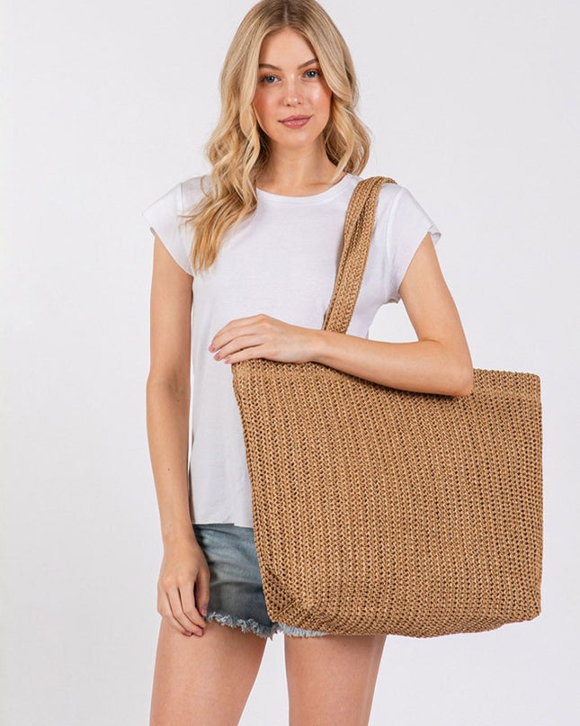 Solid Crochet Straw Tote Bag