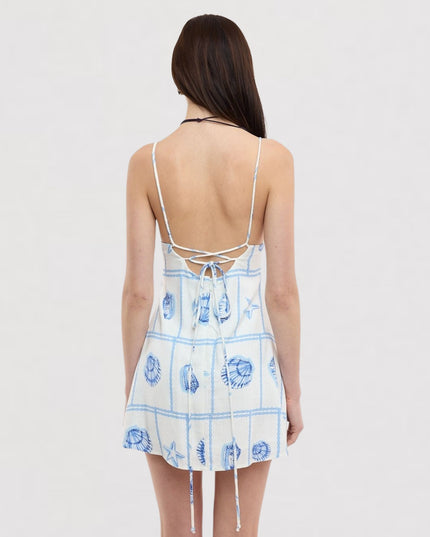 Tile Shell Print Back Tie Spaghetti Strap Mini Dress