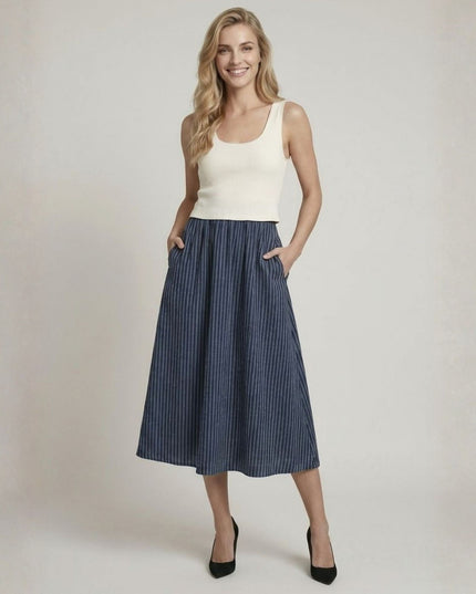 Twofer Striped Skirt Solid Tank Top Midi Dress