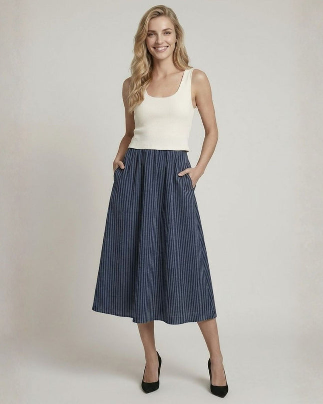 Twofer Striped Skirt Solid Tank Top Midi Dress