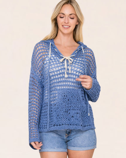 Hooded Crochet Open Knit Sweater