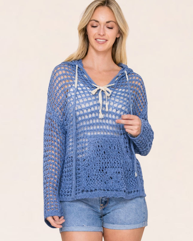Hooded Crochet Open Knit Sweater