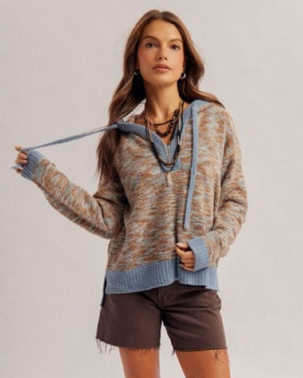 Hooded Contrast Trim Textured Knit Sweater