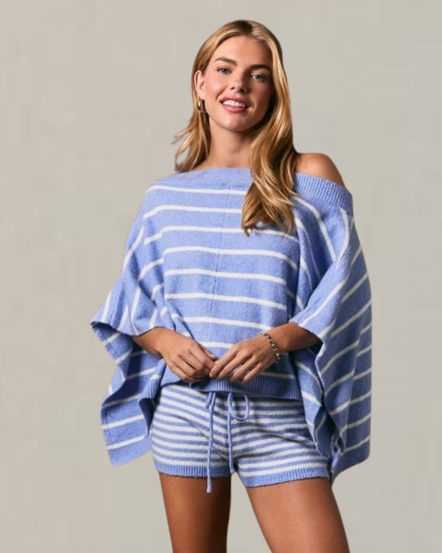 Boat Neck Striped Poncho Sweater