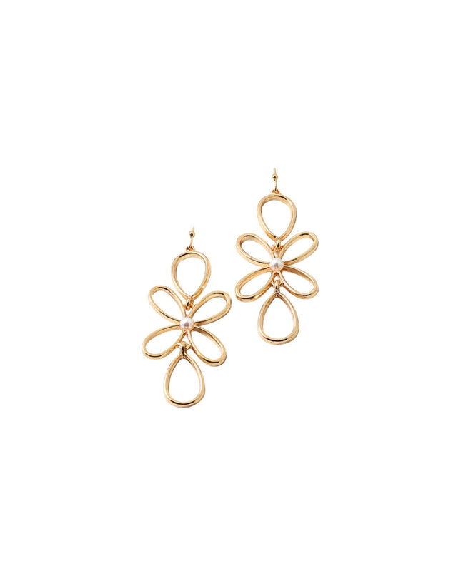 Pearl Center Metal Flower Teardrop Earrings