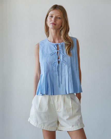 Davina Split Pin Tuck Detail Tie Front Sleeveless Top