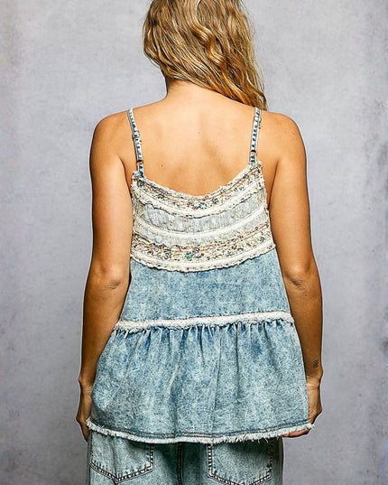 Denim Floral Lace Patch Spaghetti Strap Top
