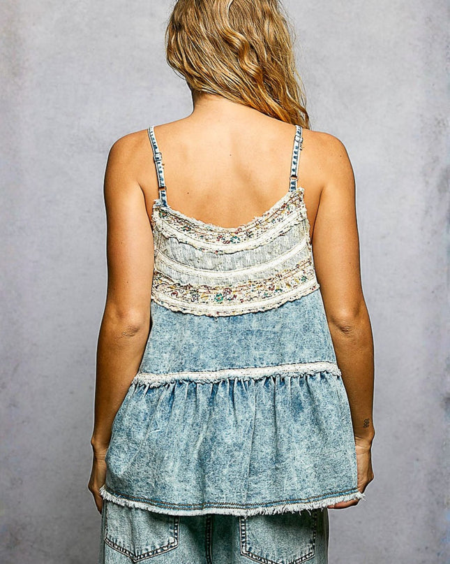 Denim Floral Lace Patch Spaghetti Strap Top