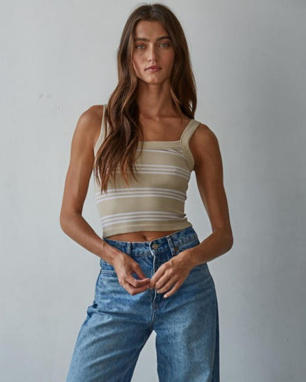 Weekend Striped Cropped Ribbed Fitted Tank Top