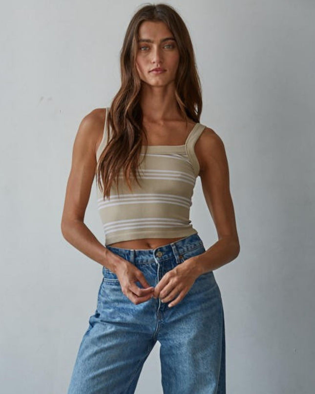 Weekend Striped Cropped Ribbed Fitted Tank Top