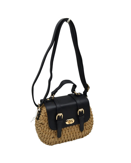 Square Double Buckle Vegan Leather Closure Straw Shoulder Bag