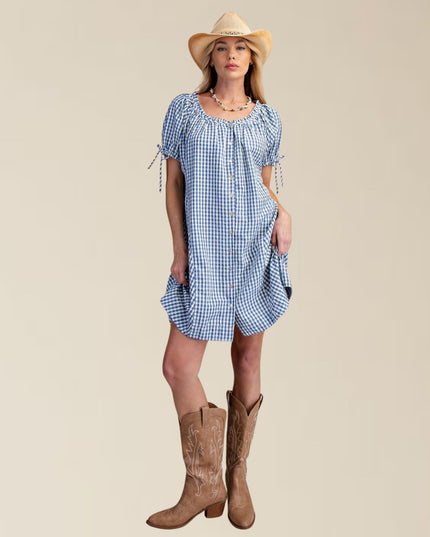 Gingham Seersucker Button Front Tie Short Sleeve Mini Dress