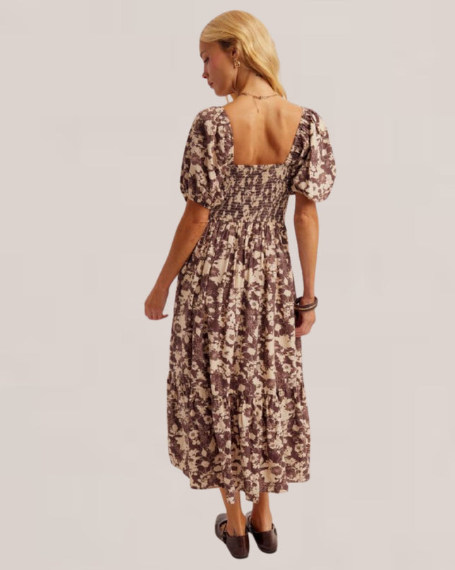 Floral Print Velvet Bow Bubble Short Sleeve Midi Dress