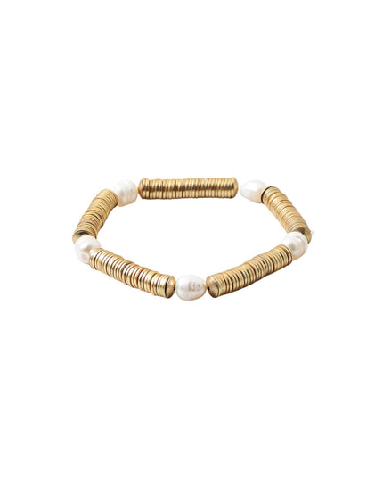 Flat Metal Bead Oval Pearl Spaced Stretch Bracelet