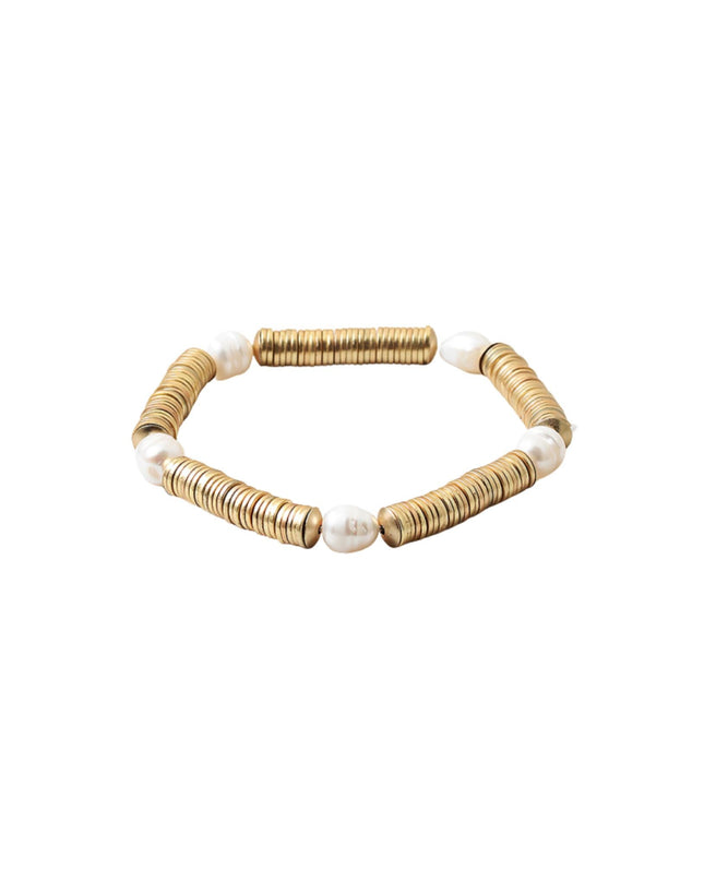 Flat Metal Bead Oval Pearl Spaced Stretch Bracelet