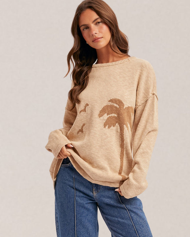 Palm Tree Motif Drop Shoulder Sweater