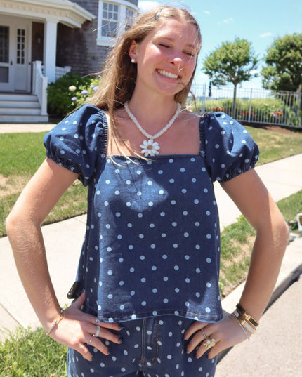 Polka Dot Puff Sleeve Square Neck Top