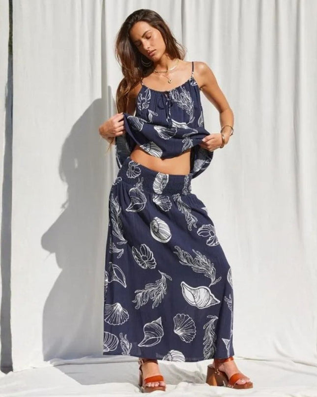 Smocked Waist Seashell Printed Maxi Skirt
