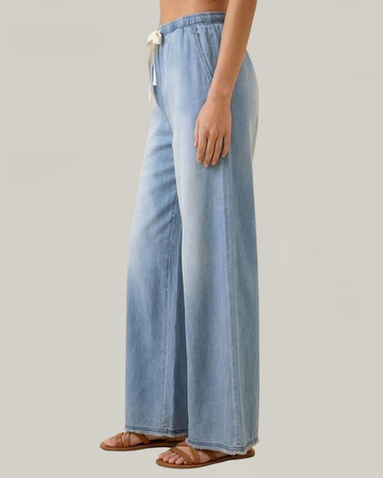 Wide Leg Elastic Tie Waist Denim Pants