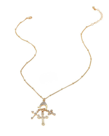 Stone Paved Interchangeable Triple Cross Charm Pendant Necklace