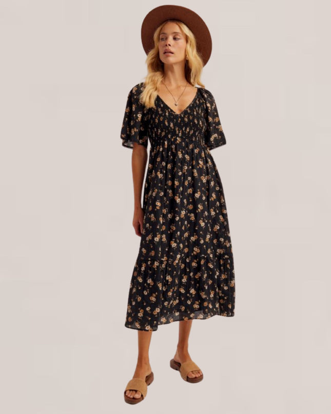 Daisy Print Smocked Flutter Sleeve Midi Dress