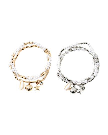 Puka Starfish Metal Seashell Charms Bar Pearl Ball Bead 3 Bracelet Set