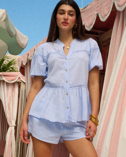 Avelina Button Down V Neck short Sleeve Top
